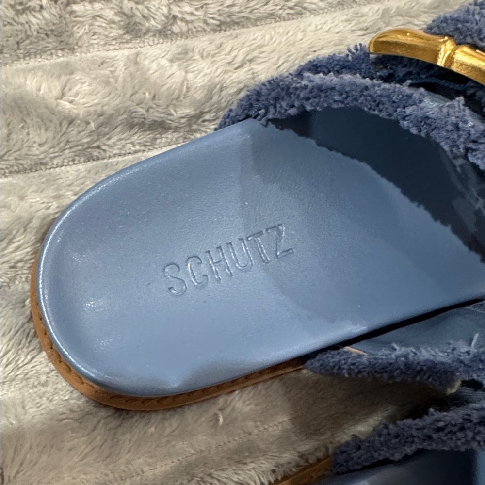 SCHUTZ Blue Sandals with Gold Buckles - Picture 6 of 6